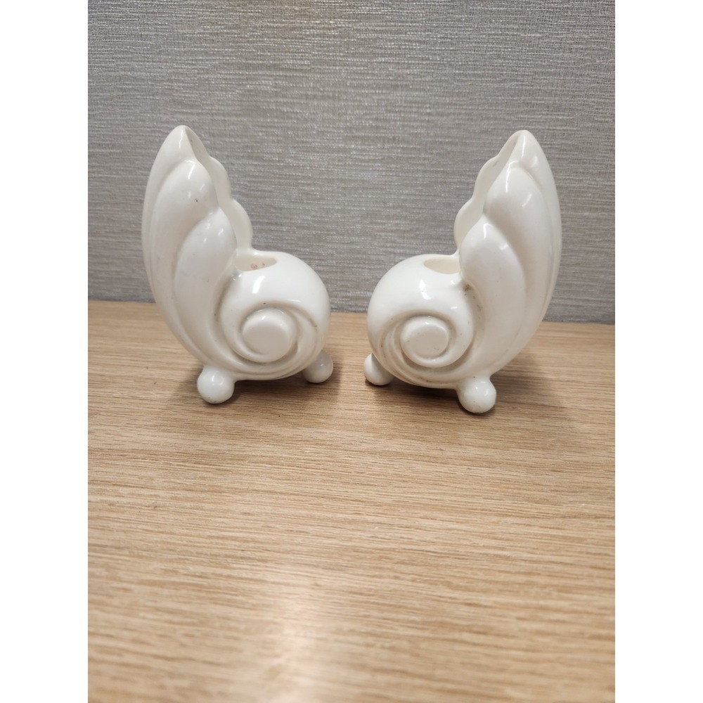 Vintage Abingdon USA Pottery Sea Shell Cream Glaze Candle Holders Pair Art Deco